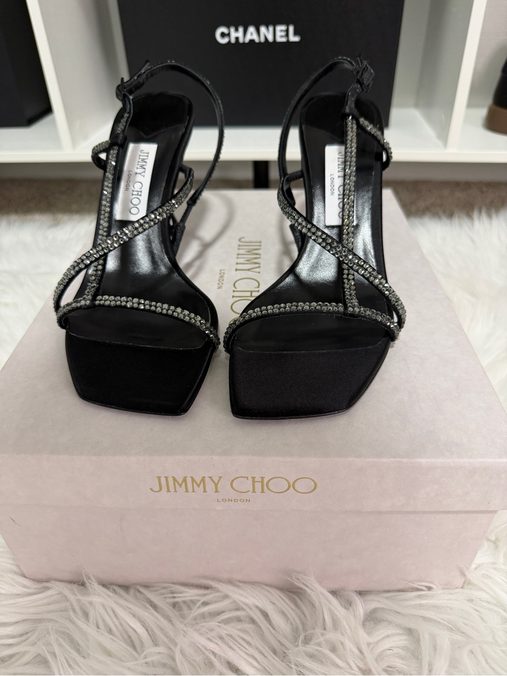 Jimmy Choo Black Crystal-Strap Slingback Sandals